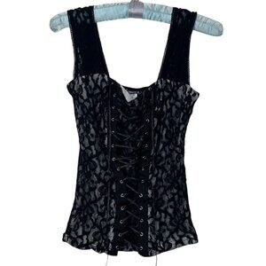 Vintage Y2K Black Lace Corset Top – Lace Up Front Bustier Goth Clubwear